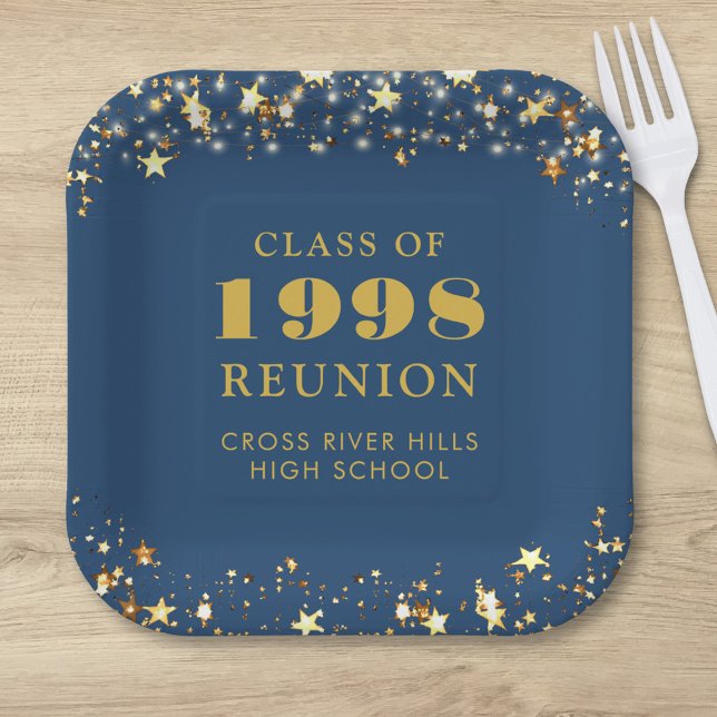 Class Reunion Blue Gold Stars Personalised Paper Plate (Creator Uploaded)
