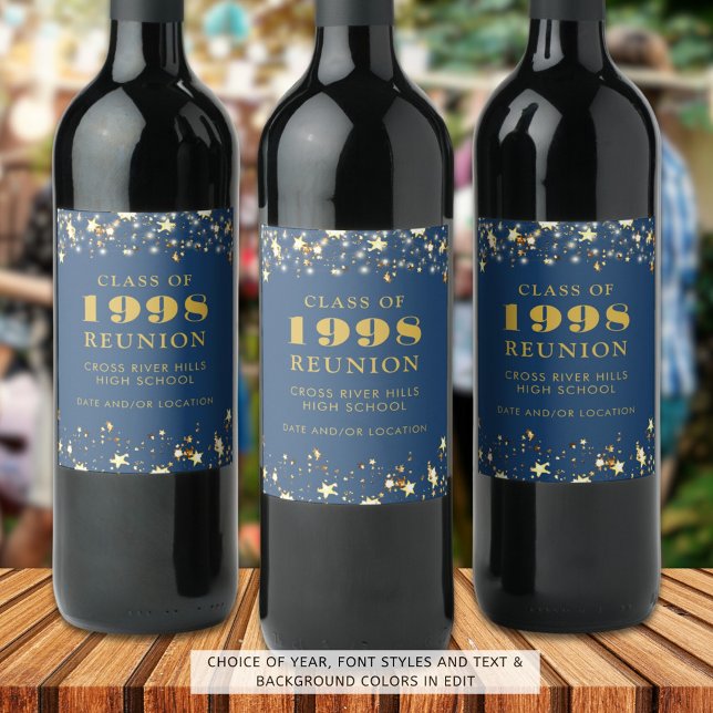 Class Reunion Blue Gold Stars Personalised Wine Label (Creator Uploaded)