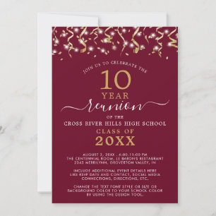 Class Reunion Burgundy Gold Confetti Streamers Invitation