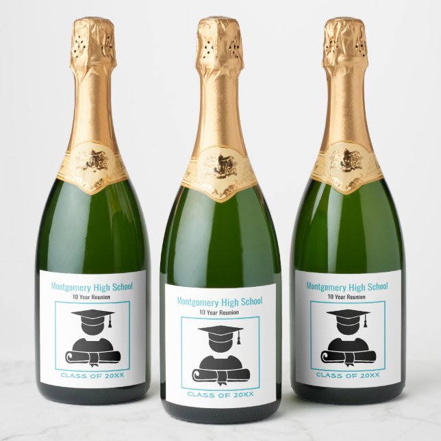 Class Reunion Custom Logo Teal Template Sparkling Wine Label (Bottles)