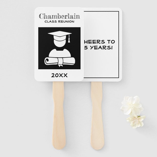 Class Reunion Elegant Black White Custom Hand Fan (Front and Back)