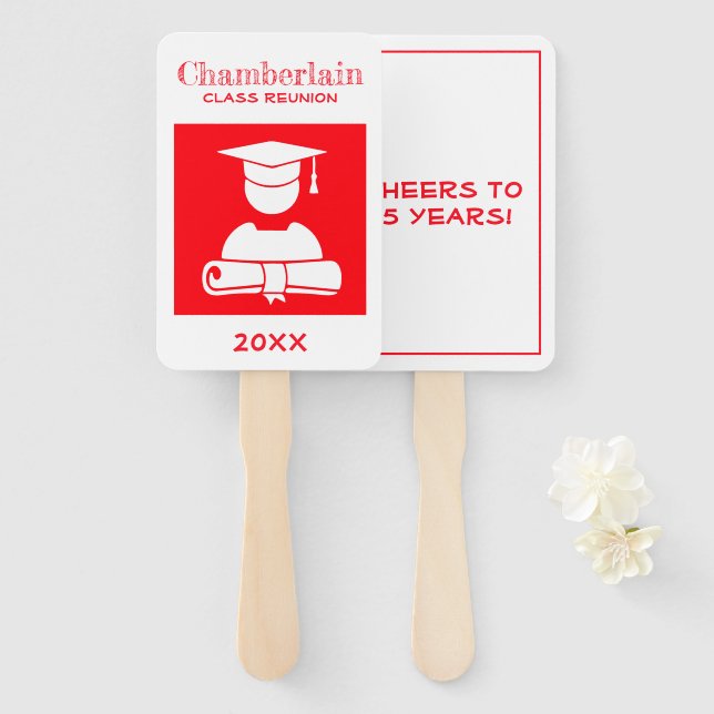 Class Reunion Elegant Red White Custom Hand Fan (Front and Back)