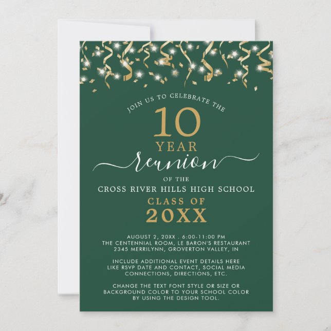 Class Reunion Gold Green Confetti Streamers Invitation (Front)