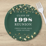 Class Reunion Gold Stars Green Personalised Paper Plate<br><div class="desc">Celebrate with classmates at your school or college class reunion with these personalised and custom colour paper plates for any graduating class (the year is editable) with your class year and school name. The design features gold stars and string lights against an editable green background colour and text colours you...</div>