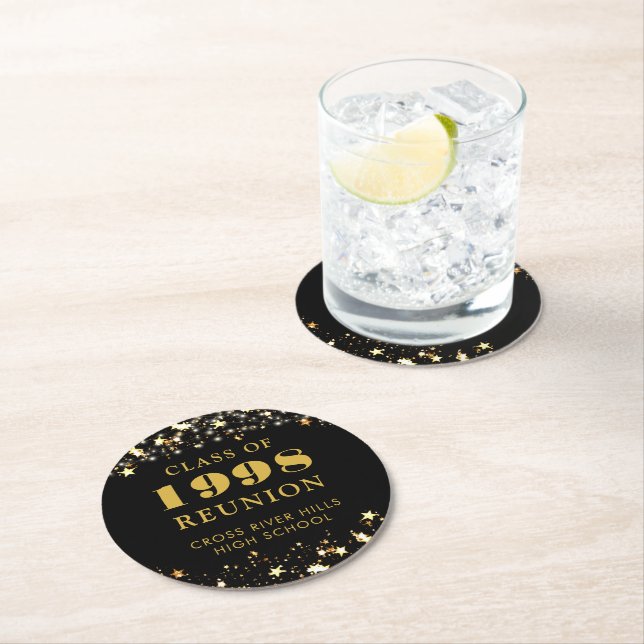 Class Reunion Gold Stars Lights Custom Colour Round Paper Coaster (Insitu)
