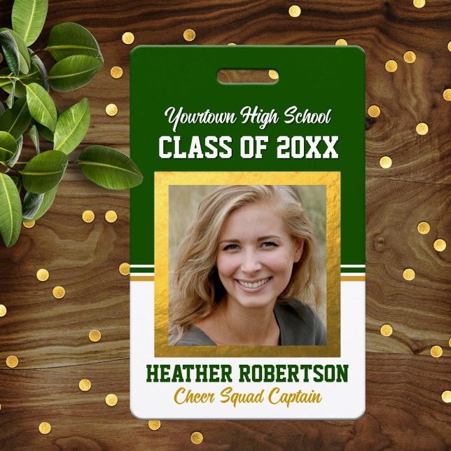 Class Reunion Green and Gold Photo ID Badge (Creator Uploaded)