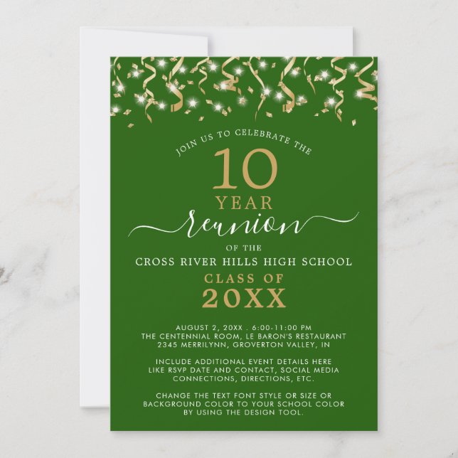 Class Reunion Green Gold Confetti Streamers Invitation (Front)
