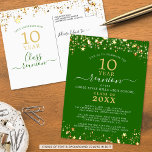 Class Reunion Green Gold Stars Lights Any Year Postcard<br><div class="desc">Modern and elegant class reunion postcard invitation for any year reunion (shown for a 10 Year) featuring gold stars and lights, elegant handwritten script typography and a custom colour background (shown in green) that you can change to your school colour or party theme colour. All text is editable to make...</div>