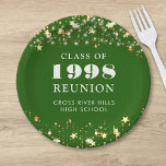 Class Reunion Green Gold Stars Personalised Paper Plate<br><div class="desc">Celebrate with classmates at your school or college class reunion with these personalised and custom colour paper plates for any graduating class (the year is editable) with your class year and school name. The design features gold stars and string lights against an editable green background colour and text colours you...</div>