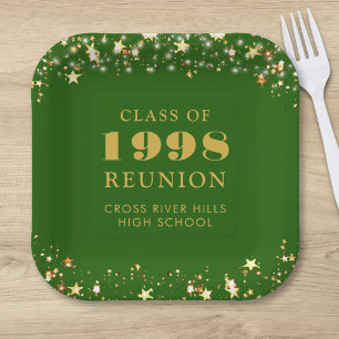 Class Reunion Green Gold Stars Personalised Paper Plate
