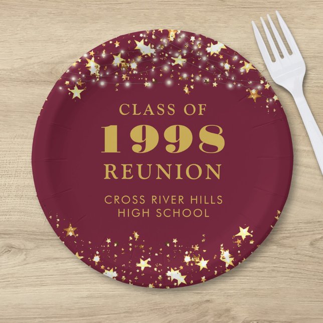 Class Reunion Maroon Gold Stars Personalised Paper Plate (Creator Uploaded)