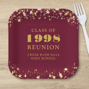 Class Reunion Maroon Gold Stars Personalised Paper Plate
