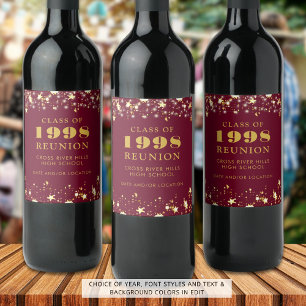 Class Reunion Maroon Gold Stars Personalised Wine Label