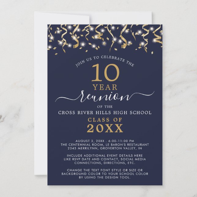 Class Reunion Navy Blue Gold Confetti Streamers Invitation (Front)
