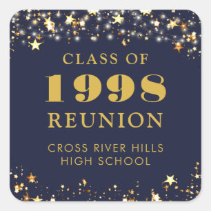 Class Reunion Navy Blue Gold Stars Personalised Square Sticker