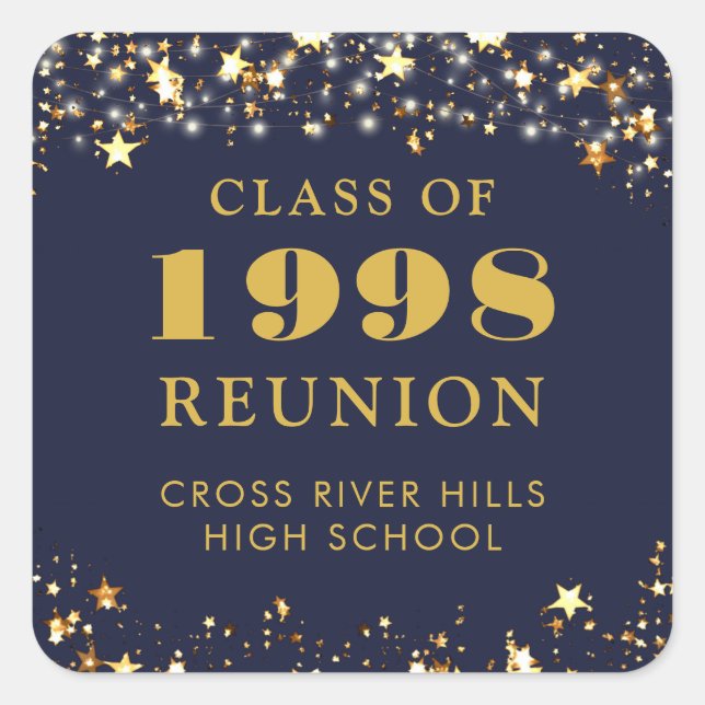 Class Reunion Navy Blue Gold Stars Personalised Square Sticker (Front)