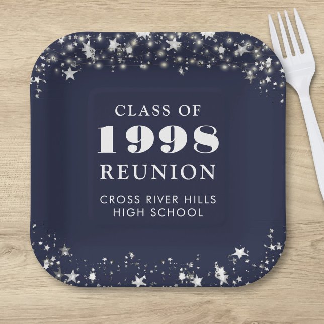 Class Reunion Navy Blue Silver Stars Personalised Paper Plate (Creator Uploaded)