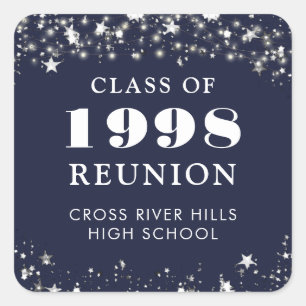 Class Reunion Navy Blue Silver Stars Personalised Square Sticker