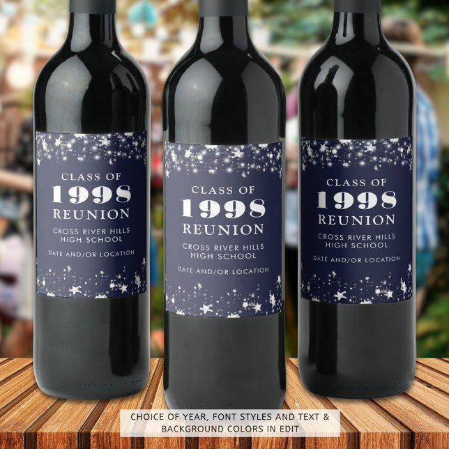 Class Reunion Navy Blue Silver Stars Personalised Wine Label (Creator Uploaded)