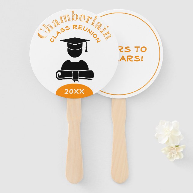 Class Reunion Orange White Custom Hand Fan (Front and Back)