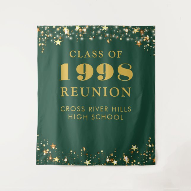 Class Reunion Photo Booth Green Gold Backdrop Tapestry (Front)