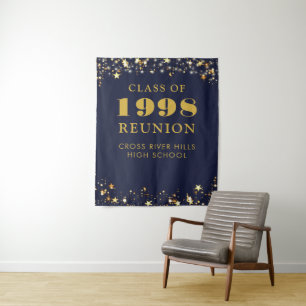 Class Reunion Photo Booth Navy Blue Gold Backdrop Tapestry