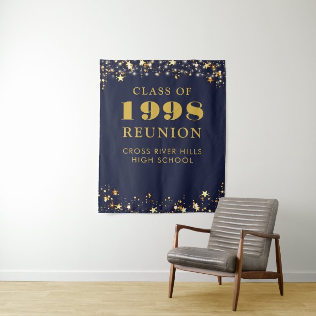 Class Reunion Photo Booth Navy Blue Gold Backdrop Tapestry (In Situ)