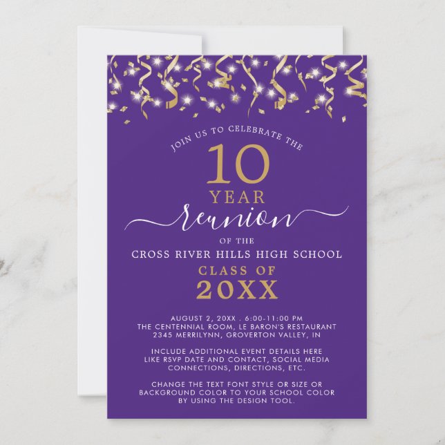 Class Reunion Purple Gold Confetti Streamers Invitation (Front)