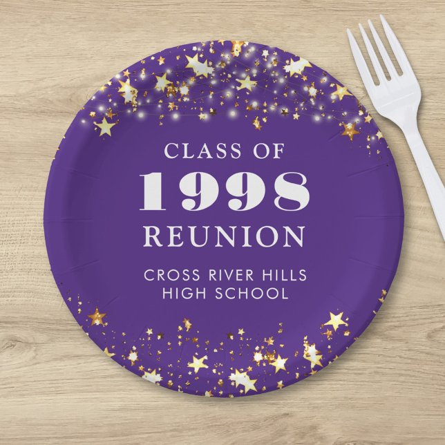 Class Reunion Purple Gold Stars Personalised Paper Plate (Creator Uploaded)