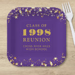 Class Reunion Purple Gold Stars Personalised Paper Plate<br><div class="desc">Personalised purple high school or college class reunion paper plates for any graduating class (the year is editable) with your class year and school name. The design features gold stars and string lights against an editable purple background colour you can change to your school colour. CHANGES: The background and text...</div>