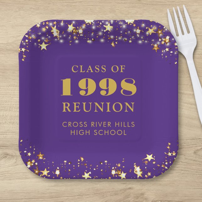 Class Reunion Purple Gold Stars Personalised Paper Plate (Creator Uploaded)