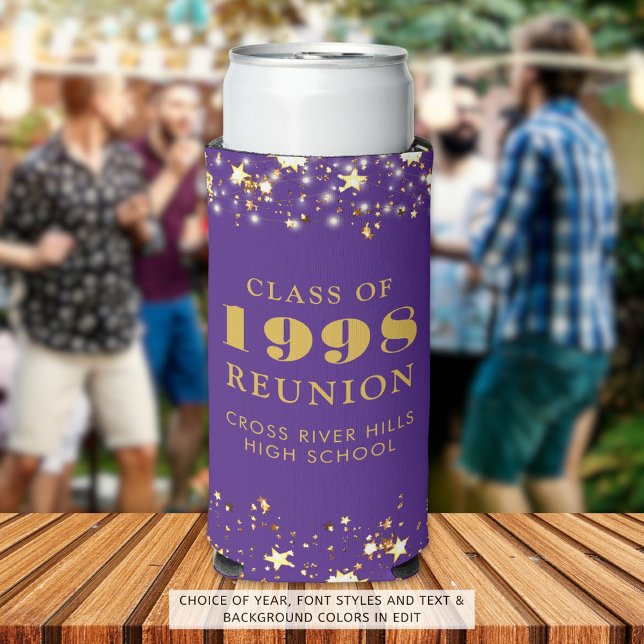 Class Reunion Purple Gold Stars Personalised Seltzer Can Cooler (Creator Uploaded)