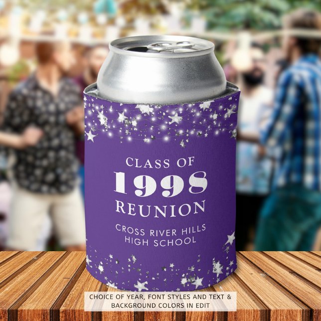 Class Reunion Purple Silver Stars Personalised Can Cooler (Creator Uploaded)