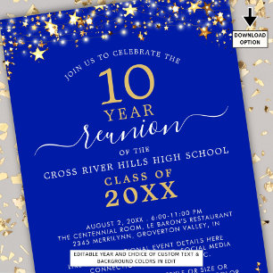 Class Reunion Royal Blue Gold Star Lights Any Year Invitation