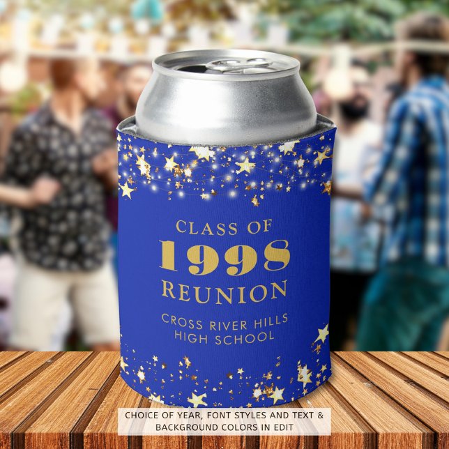 Class Reunion Royal Blue Gold Stars Personalised Can Cooler (Creator Uploaded)