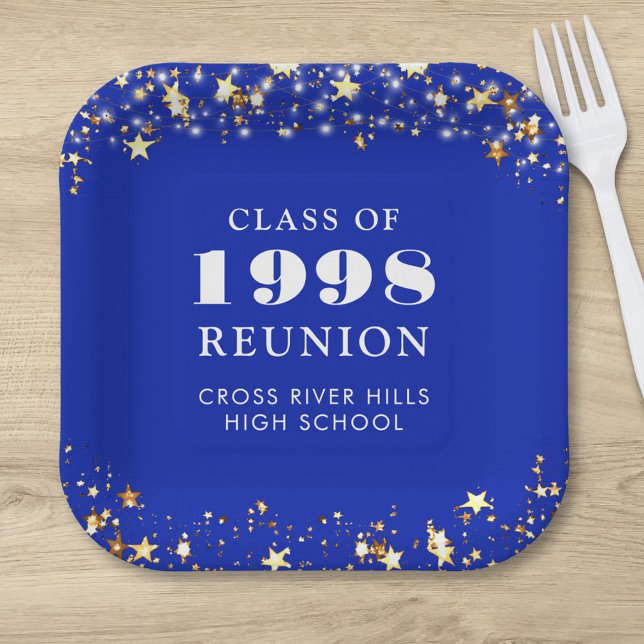 Class Reunion Royal Blue Gold Stars Personalised Paper Plate (Creator Uploaded)