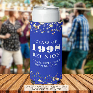 Class Reunion Royal Blue Gold Stars Personalised Seltzer Can Cooler