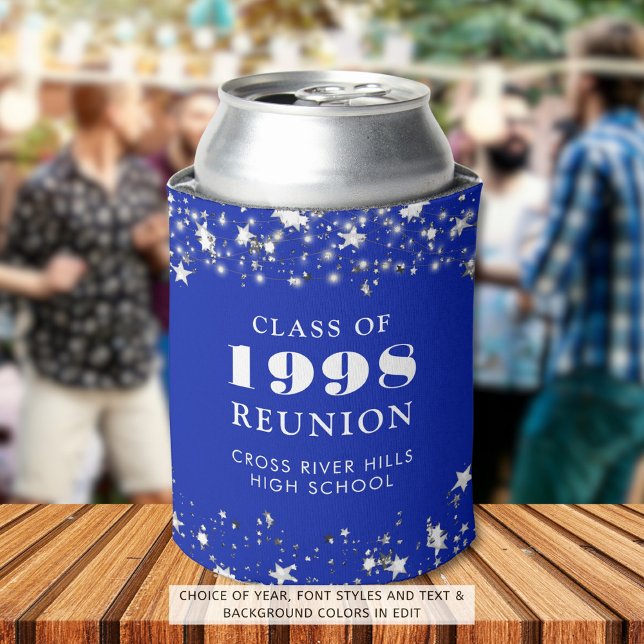 Class Reunion Royal Blue Silver Stars Personalised Can Cooler (Creator Uploaded)