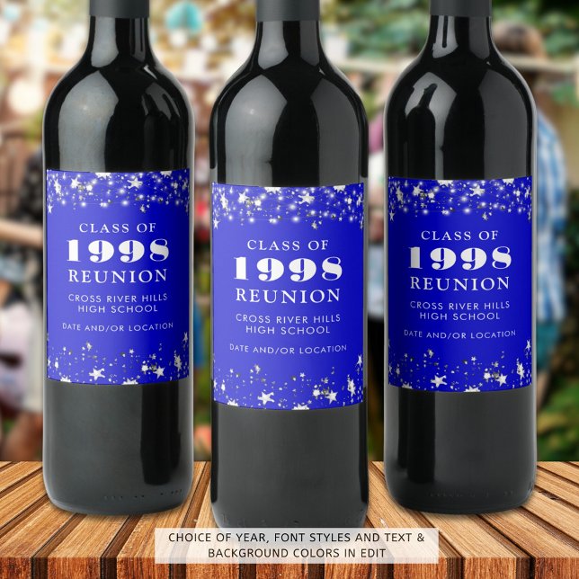 Class Reunion Royal Blue Stars Personalised Wine Label (Creator Uploaded)