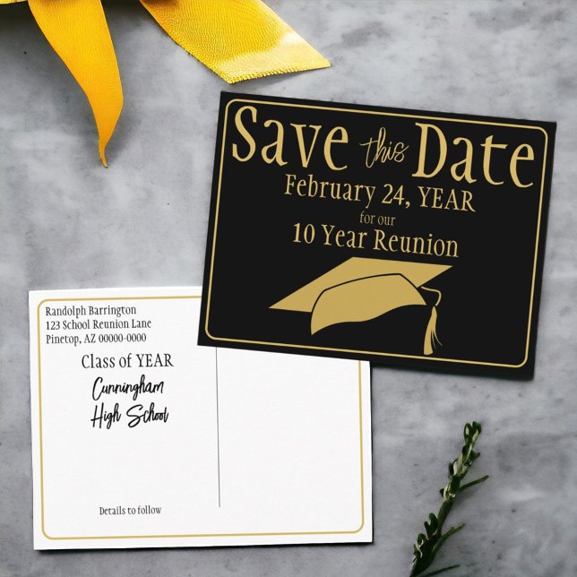 Class Reunion Save The Date Black Gold  Postcard (Easy to personalize class reunion save the date postcard.)