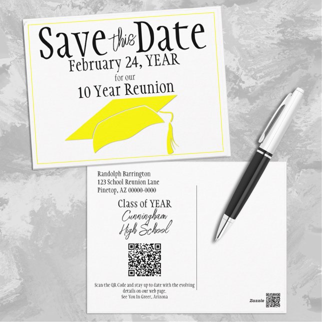 Class Reunion Save The Date Yellow Cap QR Code Postcard (Creator Uploaded)