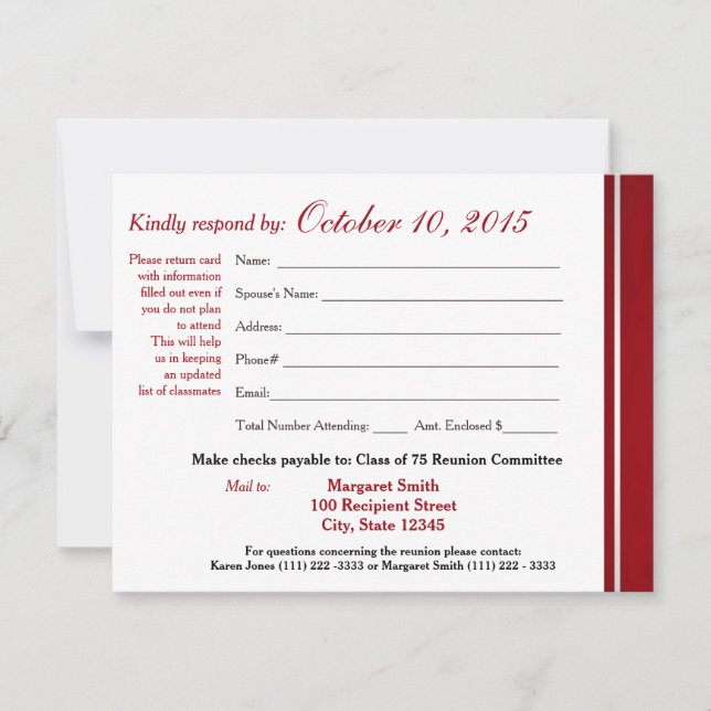 Class Reunion Varsity Stripe Response Card (Front)