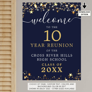 Class Reunion Welcome Navy Blue Gold Stars Script Poster