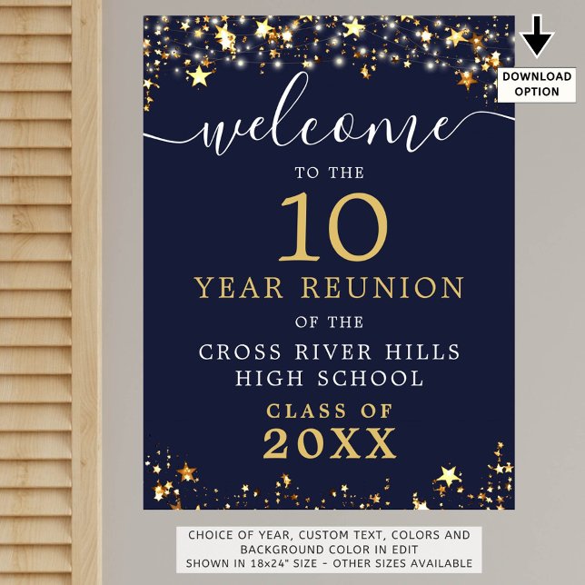 Class Reunion Welcome Navy Blue Gold Stars Script Poster (Creator Uploaded)