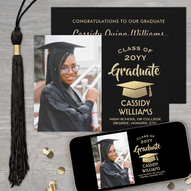 Class Year Black and Gold Modern Graduation Photo Invitation (Creator Uploaded)