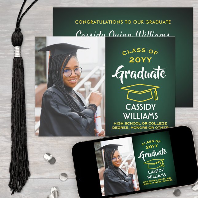 Class Year Green and Gold Modern Graduation Photo Invitation (Creator Uploaded)