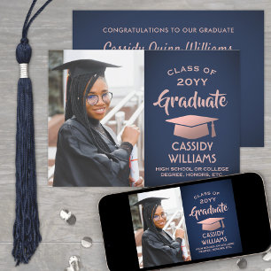 Class Year Navy Blue and Pink Graduation Photo Invitation