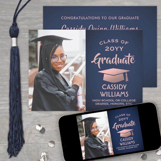 Class Year Navy Blue and Pink Graduation Photo Invitation (Creator Uploaded)