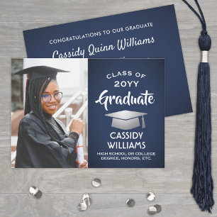 Class Year Navy Blue and White Graduation Photo Invitation