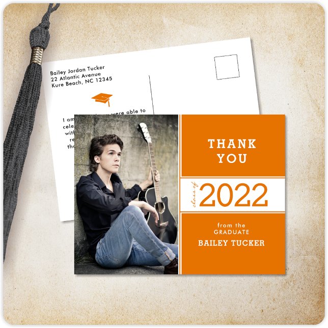 Class Year Orange White Photo Graduation Thank You Postcard (Creator Uploaded)